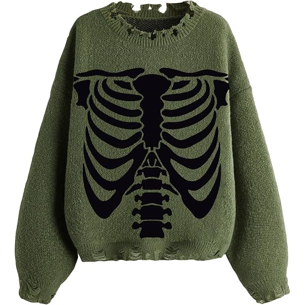 Unisex Long Sleeve Sweater Harajuku Skeleton Bone Print Ripped